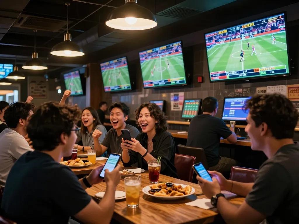 Engaged fans placing bets on tin soi kèo at a lively sports bar with multiple screens showing live games.