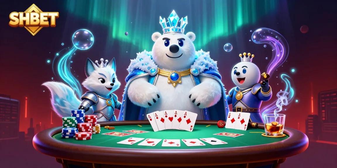 Engage with SHBET in a vibrant 3D casino scene featuring poker dynamics and vivid characters.