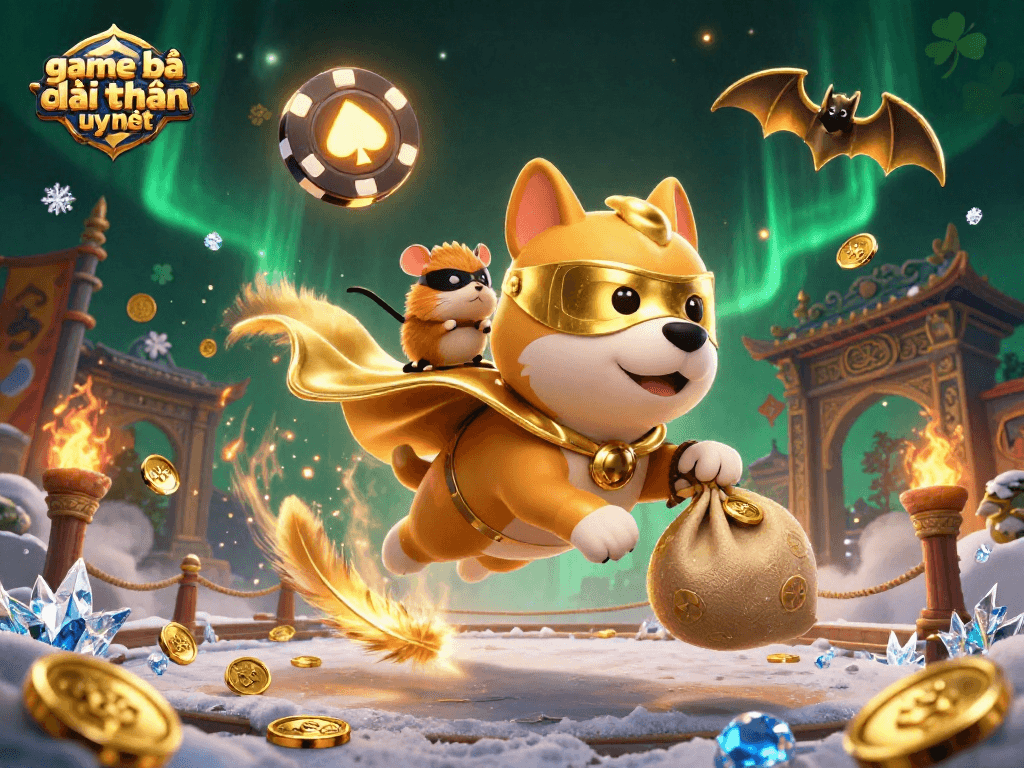 Experience thrilling wins with game bài đổi thưởng uy tín featuring a superhero dog and hamster surrounded by vibrant casino elements.