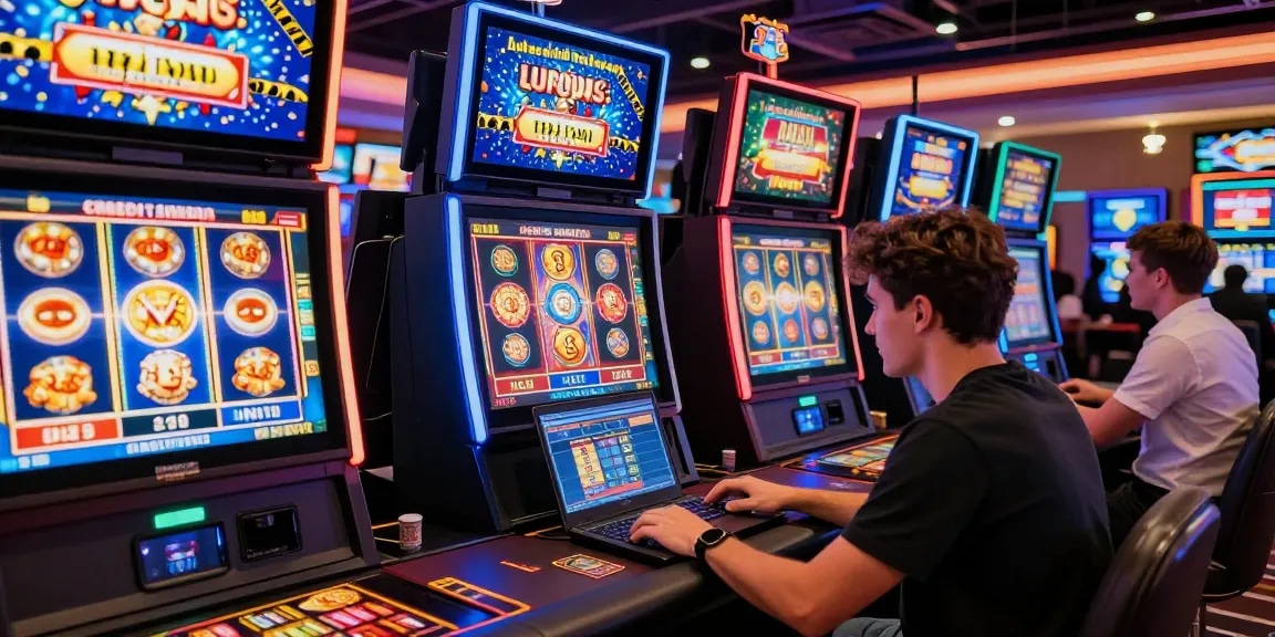 Exciting player at credit card casinos showcasing vibrant gaming experience with laptop, colorful graphics, and lively atmosphere.