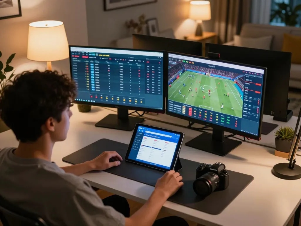 Bongdalu app interface displayed on tablet with a user engaged in online sports betting activities at home