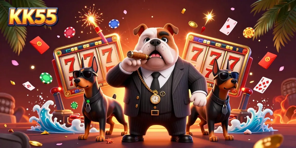 KK55 showcases a vibrant scene of a mafia bulldog and Dobermans amidst spinning slot reels and poker chips.