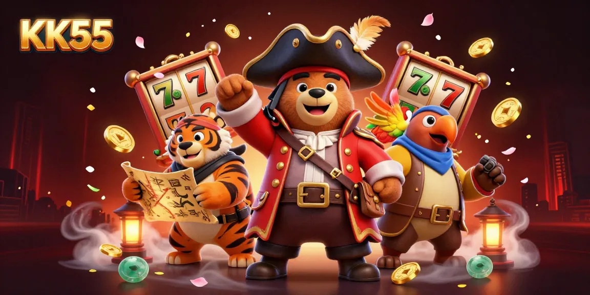 Engage with KK55's vibrant slot reels and spirited characters in this stunning 3D digital illustration.