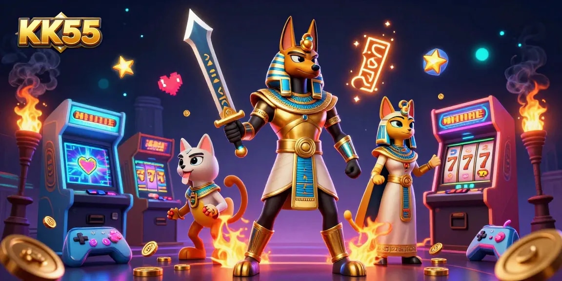 Engage with the KK55 experience featuring Anubis and Bastet amidst a vibrant casino scene.
