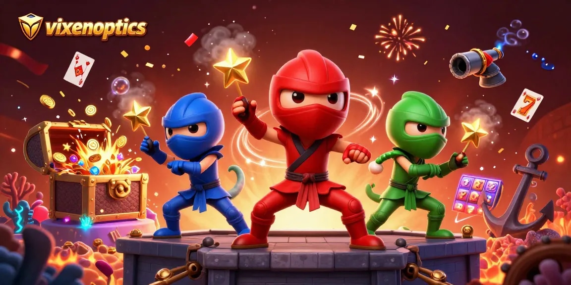 Showcase your wins with vixenoptics through this vibrant 3D casino illustration of vibrant chameleon ninjas.