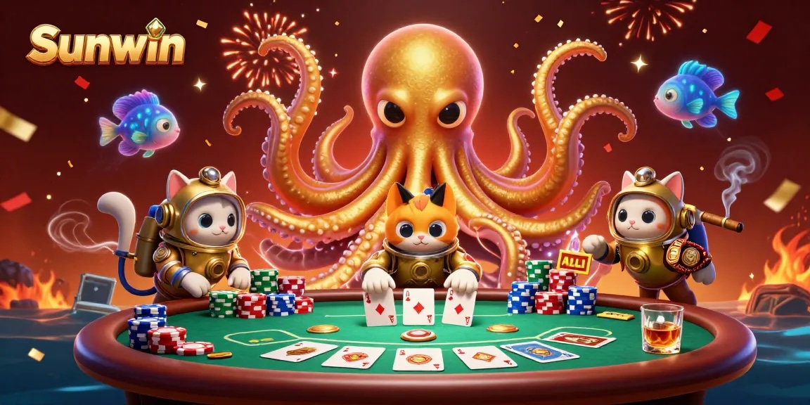 Engage with Sunwin through a vibrant casino scene highlighted by a kraken and poker elements.
