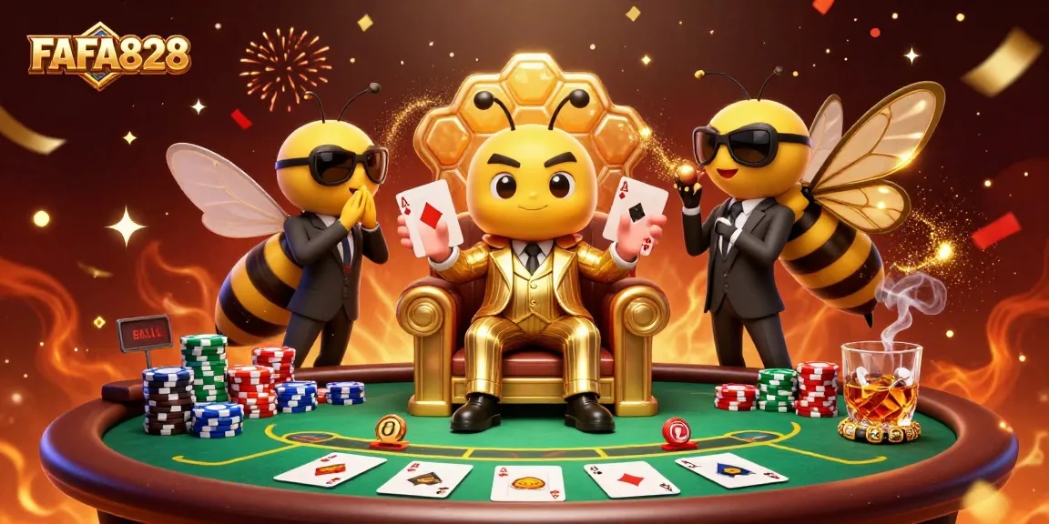 Join the buzzing excitement at FAFA828 with a dazzling poker scene featuring a cartoon mob boss.