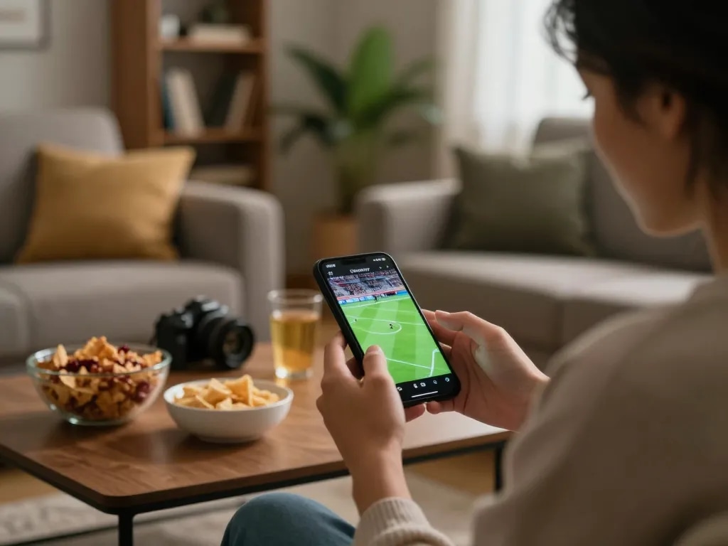 Socolive user enjoying live football on smartphone in cozy home setting