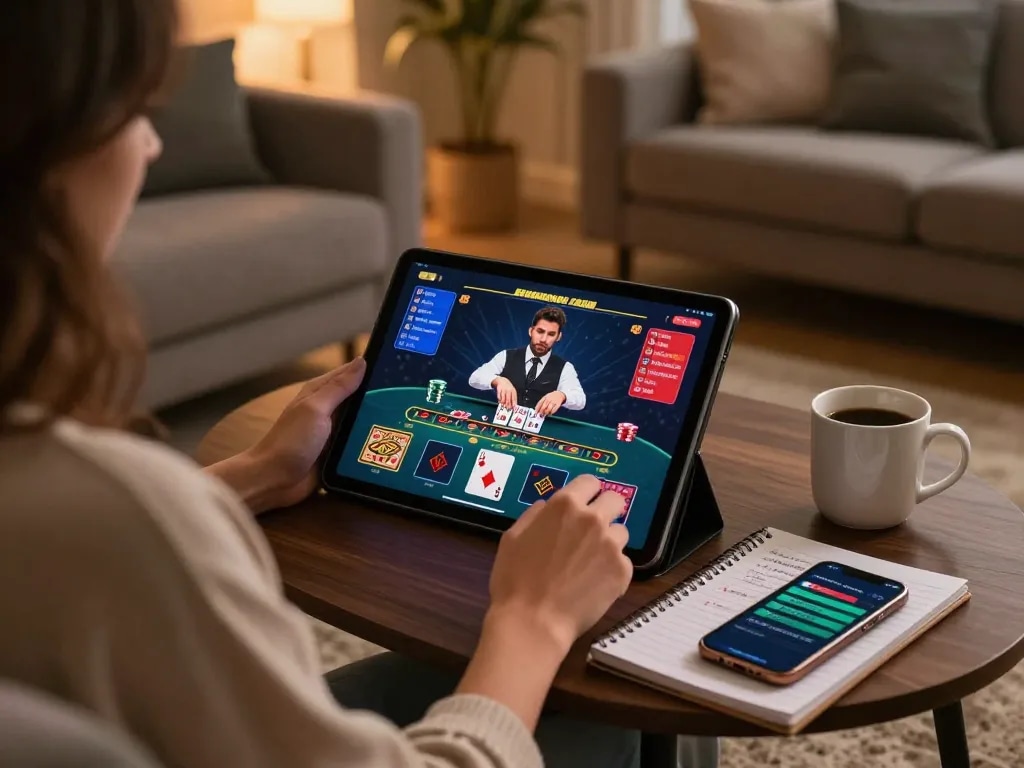 Player engaging in online blackjack at home while using 789win app on a tablet, surrounded by strategy notes.