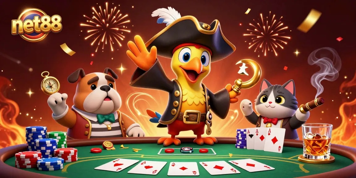Engage with dynamic poker scenes featuring net88's iconic characters in celebration and action.