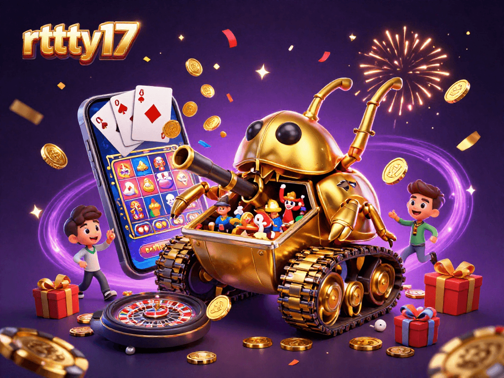 Experience the excitement of rttty17 with a dynamic casino atmosphere featuring a golden beetle tank and vibrant games.