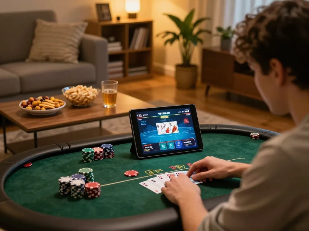 Playing poker online at home with TR88, showcasing tablet gameplay and a cozy atmosphere.