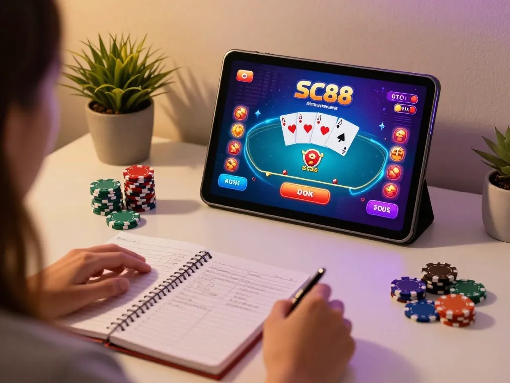 Player enjoying SC88 online poker, showcasing vibrant tablet screen with betting options and chips