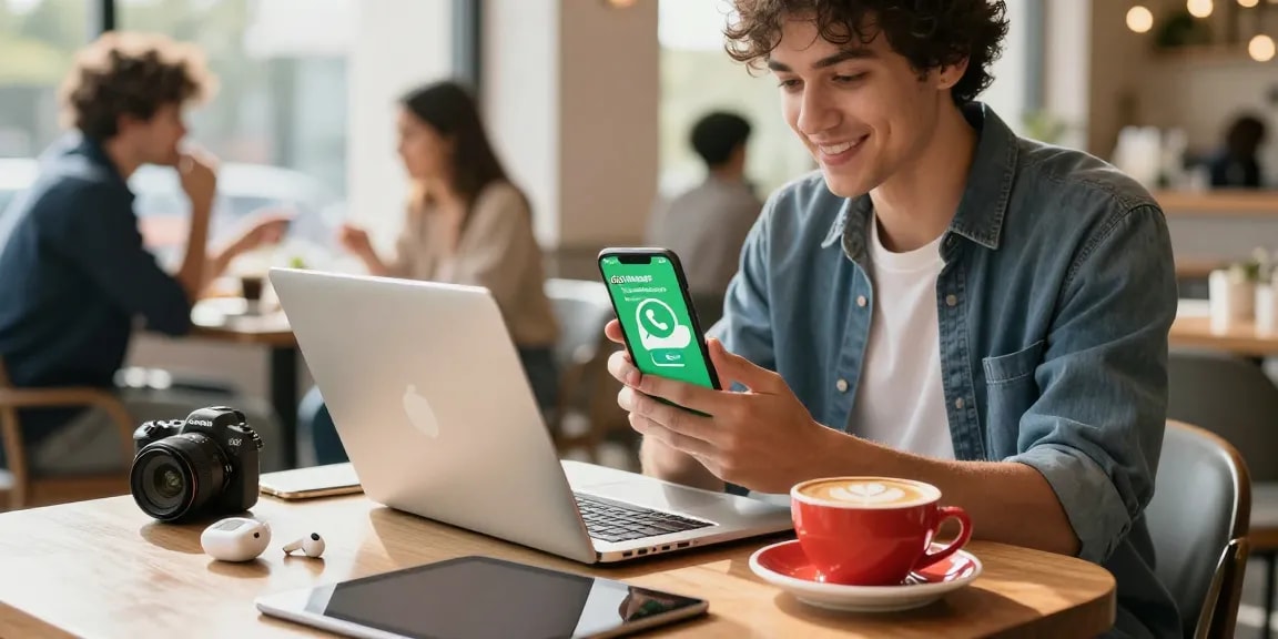 User interacting with the GB WhatsApp app in a stylish cafe, emphasizing social connectivity and modern technology.