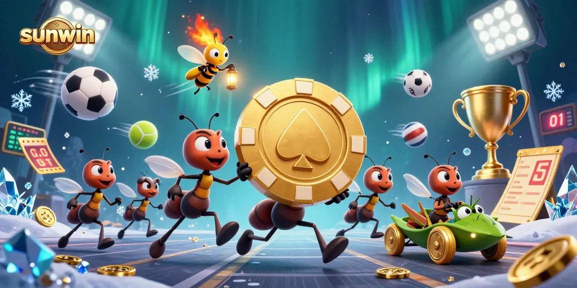 sunwin ants executing a heist with a giant poker chip in a vibrant casino-themed scene