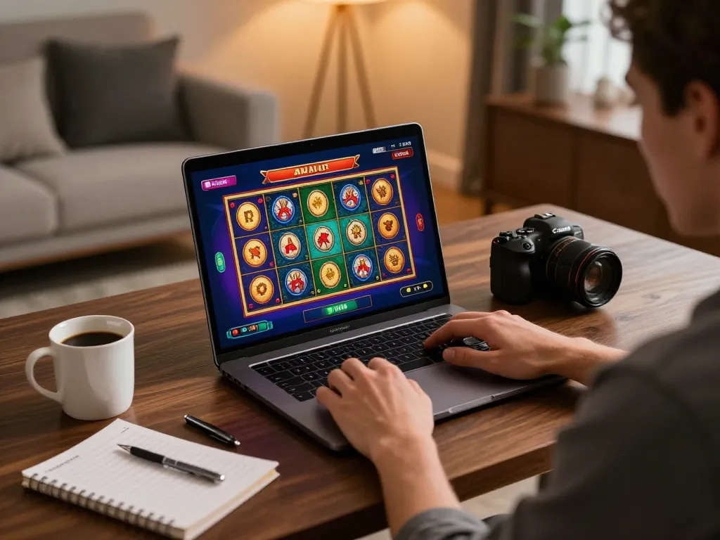 Engaging in raja slot online gaming on a laptop, cozy home setup with strategic notes.