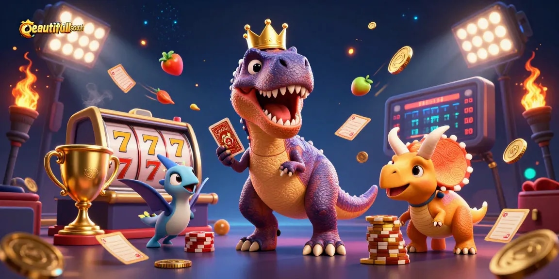 Join the casino fun at beautifulsouth, featuring a T-Rex shuffling cards and a triceratops stacking chips.