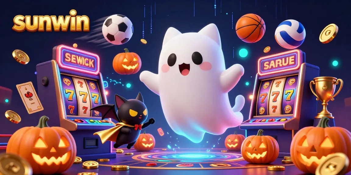 Unleash your winnings with sunwin's vibrant casino world featuring a ghost cat and dynamic sports elements.