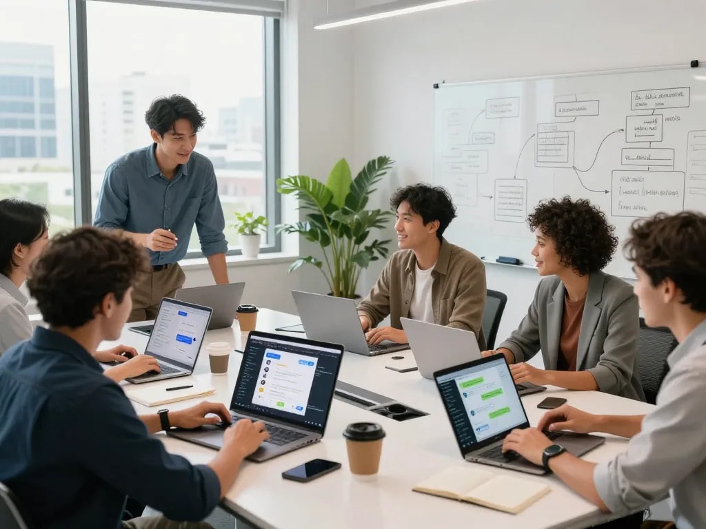 Engaging workspace showcasing professionals discussing spicy ai chatbot development in a modern office.