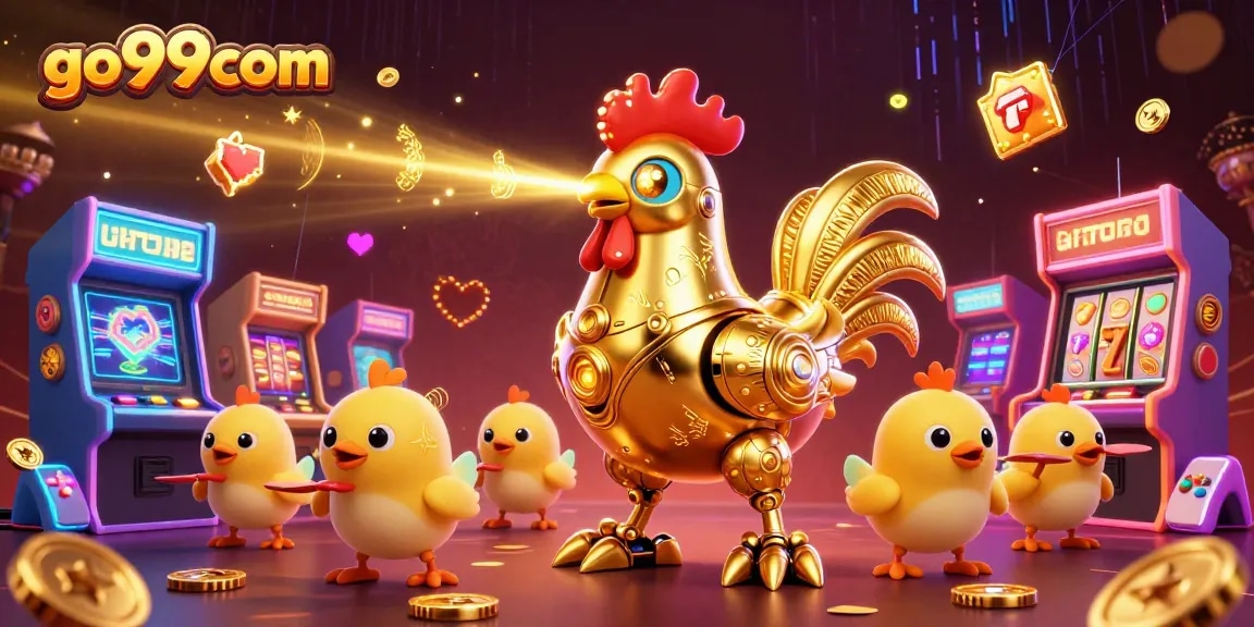 Go99com showcases a vibrant casino-themed scene with a golden rooster robot and arcade elements.