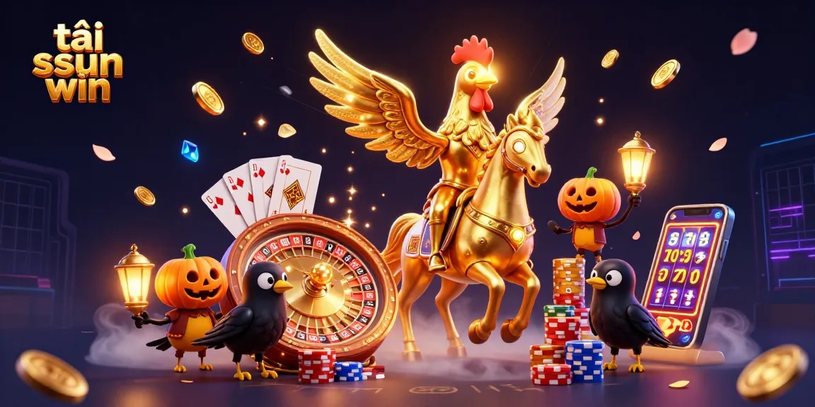 Spin and win with tải sun win in this vibrant 3D casino scene featuring gold coins and neon lights.