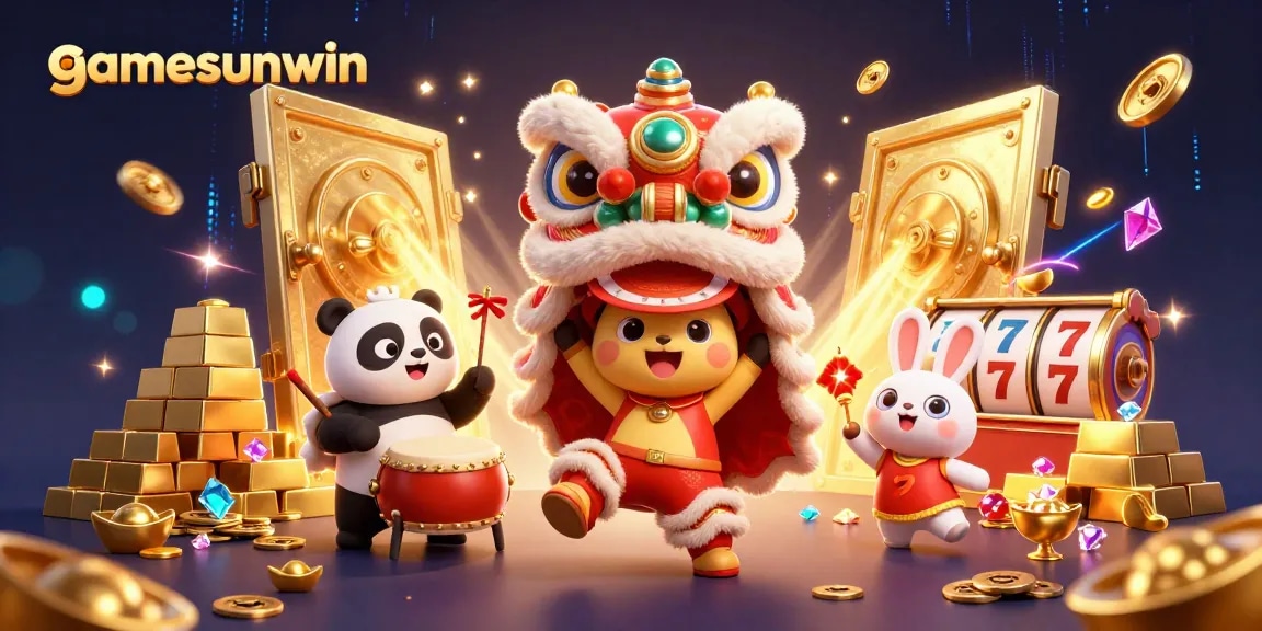 Join the fun at gamesunwin as characters celebrate with lion dances and jackpots in a vibrant casino atmosphere.