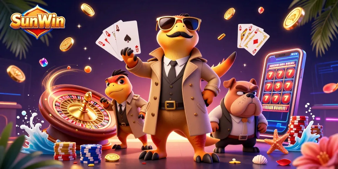 Experience SunWin with raptors in disguise entering a VIP casino, surrounded by games and winnings.