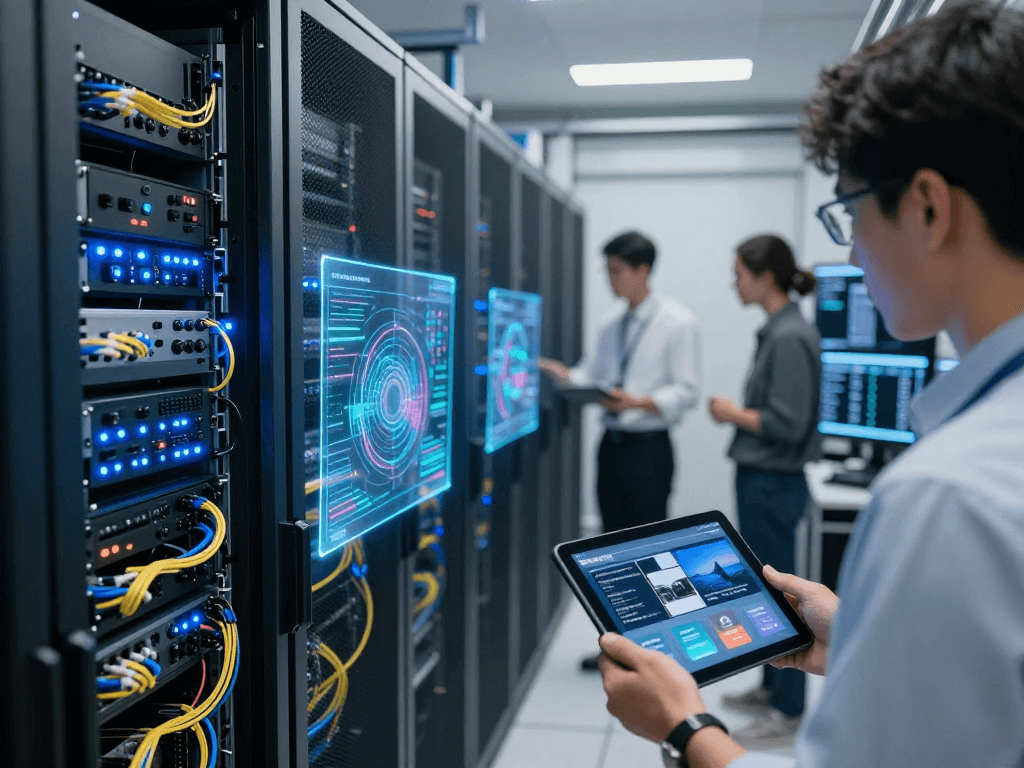 IPTV reseller panel technology shown in a modern data center with servers and digital dashboards for cloud computing.