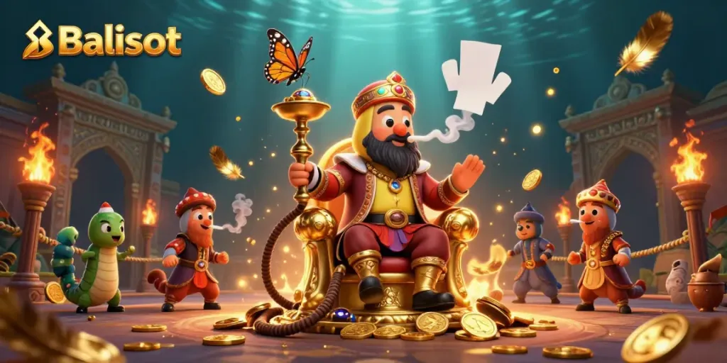 Balislot offers a vibrant and dynamic casino scene featuring a sultan caterpillar and golden coins, capturing the thrill of gaming.