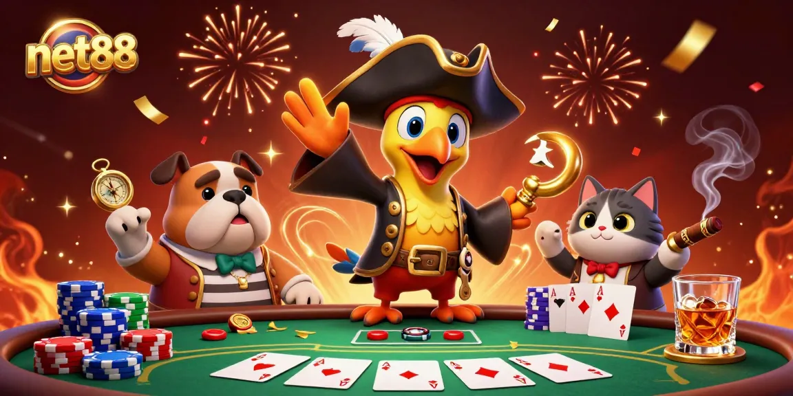 Engage with dynamic poker scenes featuring net88's iconic characters in celebration and action.