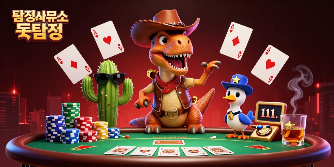 Cowboy dinosaur with cactus and roadrunner at a vibrant poker scene, showcasing 탐정사무소 굿탐정.