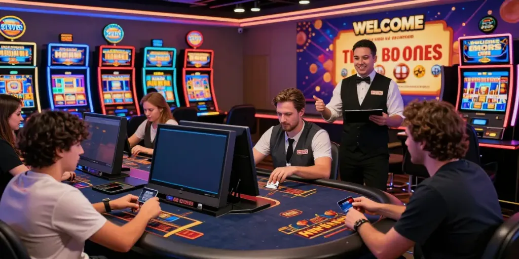 Crowded online casino scene showcasing players using credit cards for gaming in a vibrant, welcoming atmosphere.