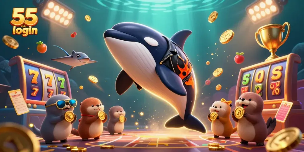 Engage with exciting gameplay featuring 55 club login, orca whale, and slot games in vibrant casino scene.