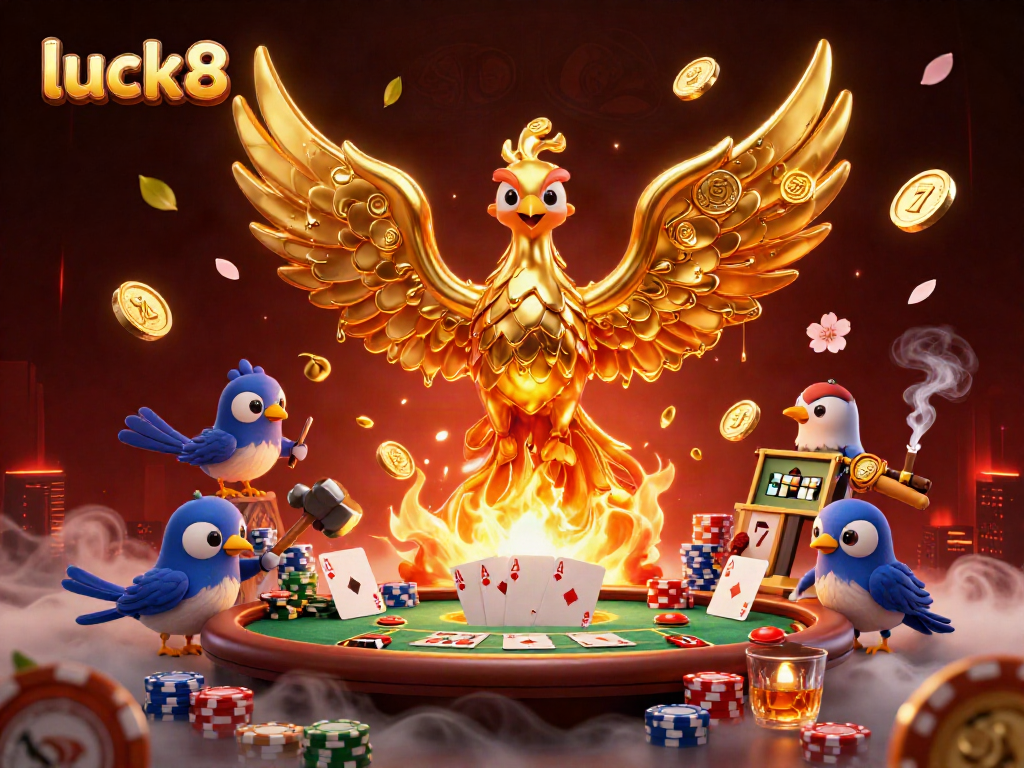 Play exciting slots and poker at luck8 with a golden phoenix symbolizing winning potential