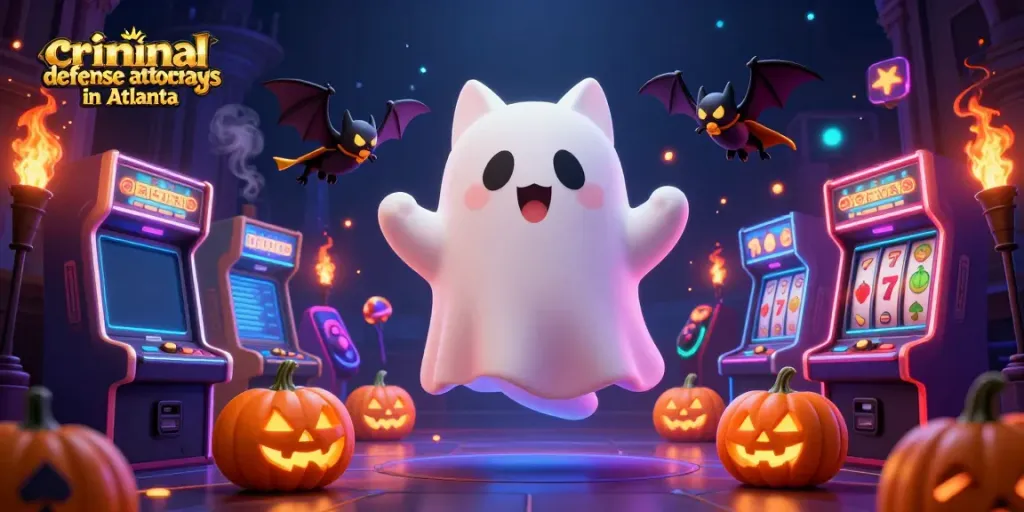 Engaging scene depicting criminal defense attorneys in Atlanta with a ghost cat and vampire bat in a haunted casino.