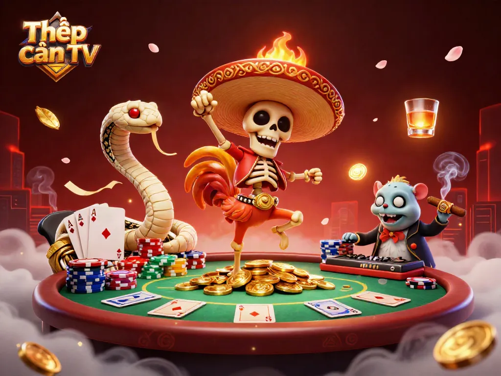 Thập cẩm TV showcases vibrant gaming excitement with a mariachi rooster, mummy snake, and DJ hamster.