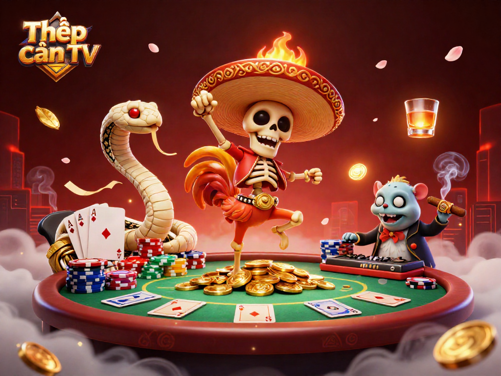 Thập cẩm TV showcases vibrant gaming excitement with a mariachi rooster, mummy snake, and DJ hamster.