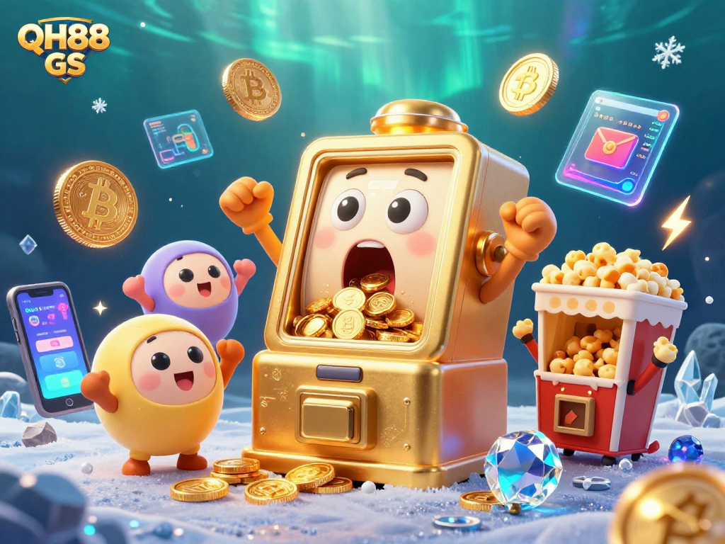 Celebrate a jackpot at QH88 GS with vibrant slot machines, coins, and crypto elements.