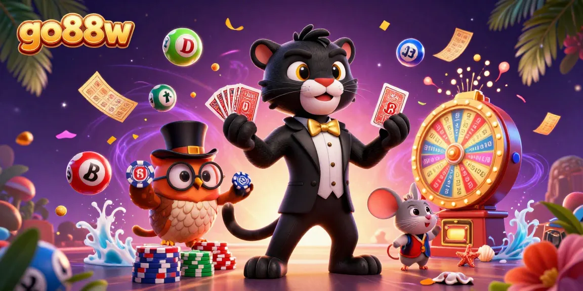 Engage with go88w's colorful gaming scene featuring a stylish black panther dealer, vibrant lottery balls, and chip stacks.