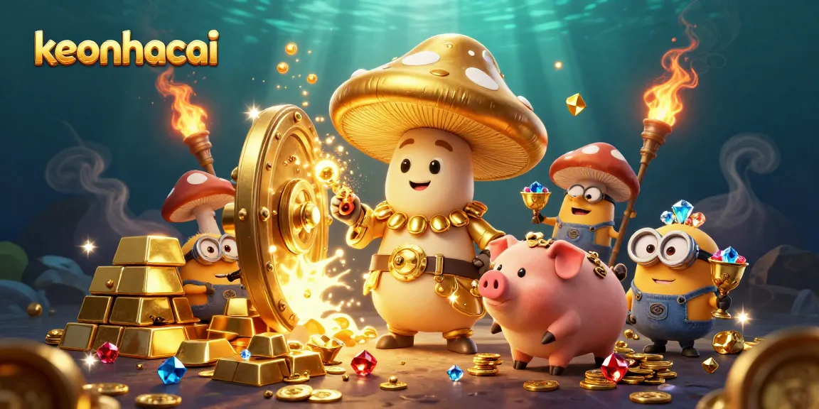 Engage with keonhacai in a vibrant 3D casino scene filled with golden treasures and dynamic characters.