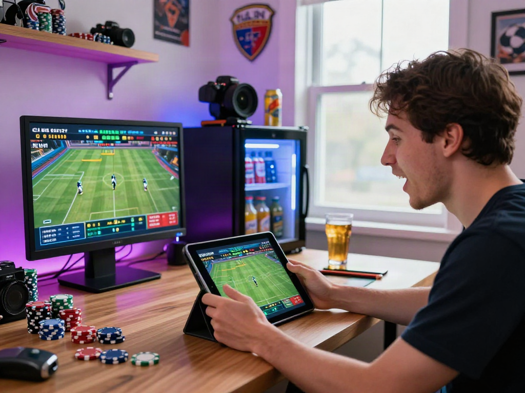 Excited player engaging in LU88 online gambling from home with live sports betting.