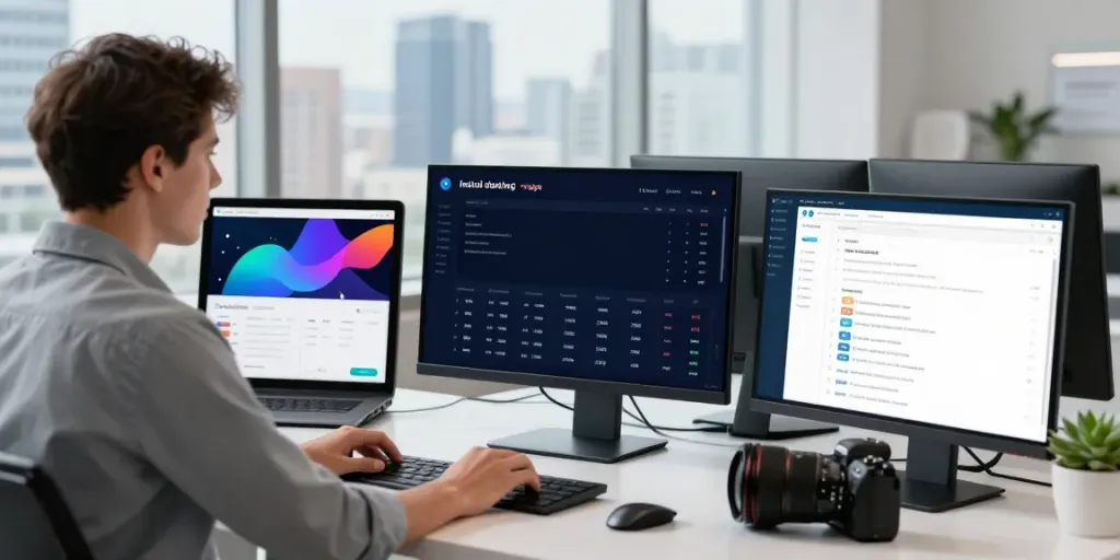 SEO specialist analyzing instant indexing data in a modern workspace