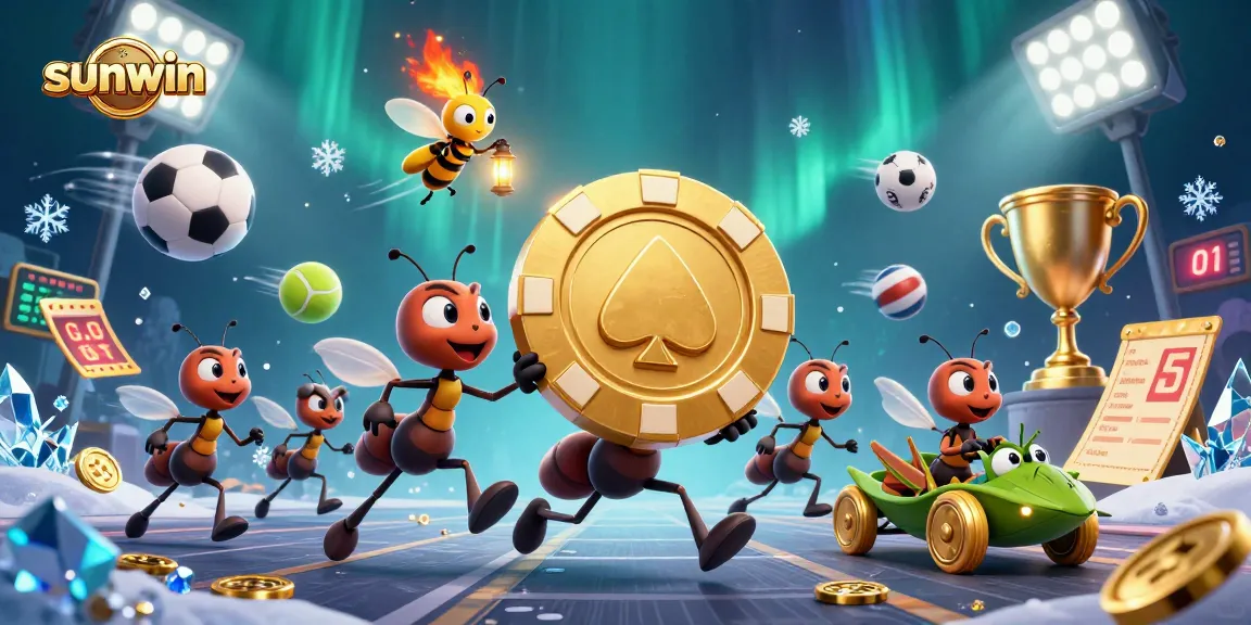 sunwin ants executing a heist with a giant poker chip in a vibrant casino-themed scene