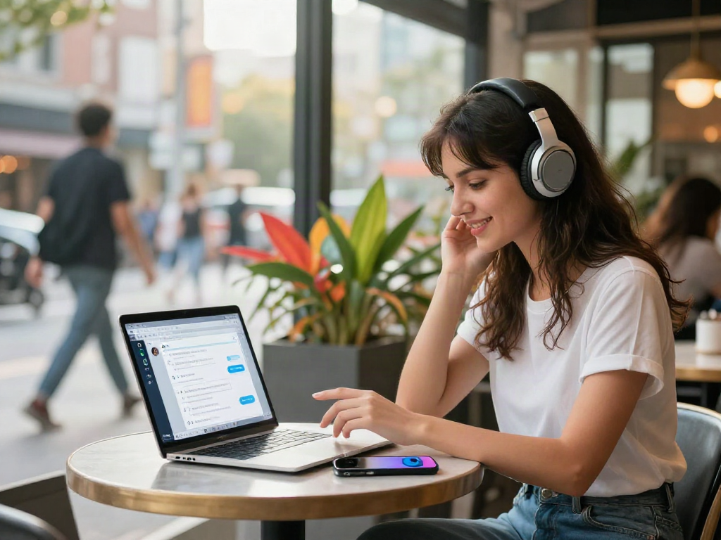 Confident woman using AI technology at a café, embodying the ai slut lifestyle trend.