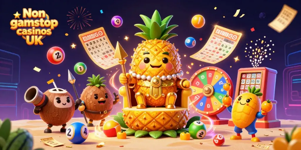 Engage with Non Gamstop casinos UK through a vibrant celebration scene showcasing a golden pineapple king and casino elements.