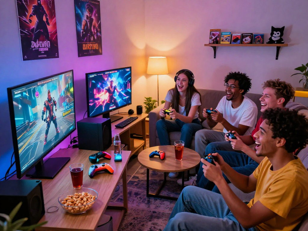 Friends enjoying AI porn games in cozy living room with snacks and game controllers.