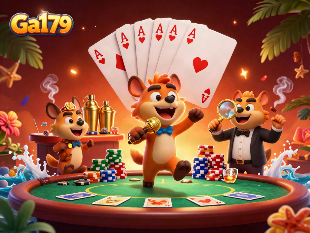 Experience Ga179's vibrant comedy casino with hyenas, poker, and rich details.