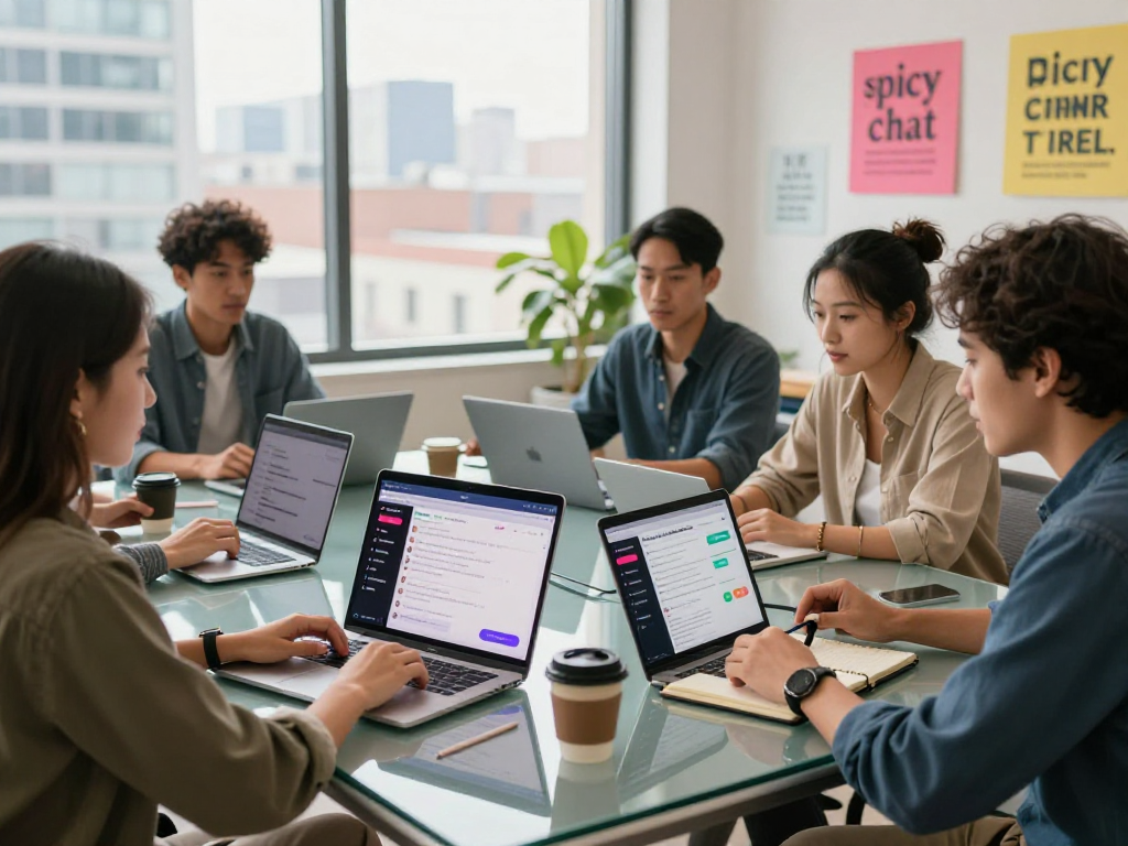 Team collaborating on spicychat strategies in a vibrant workspace
