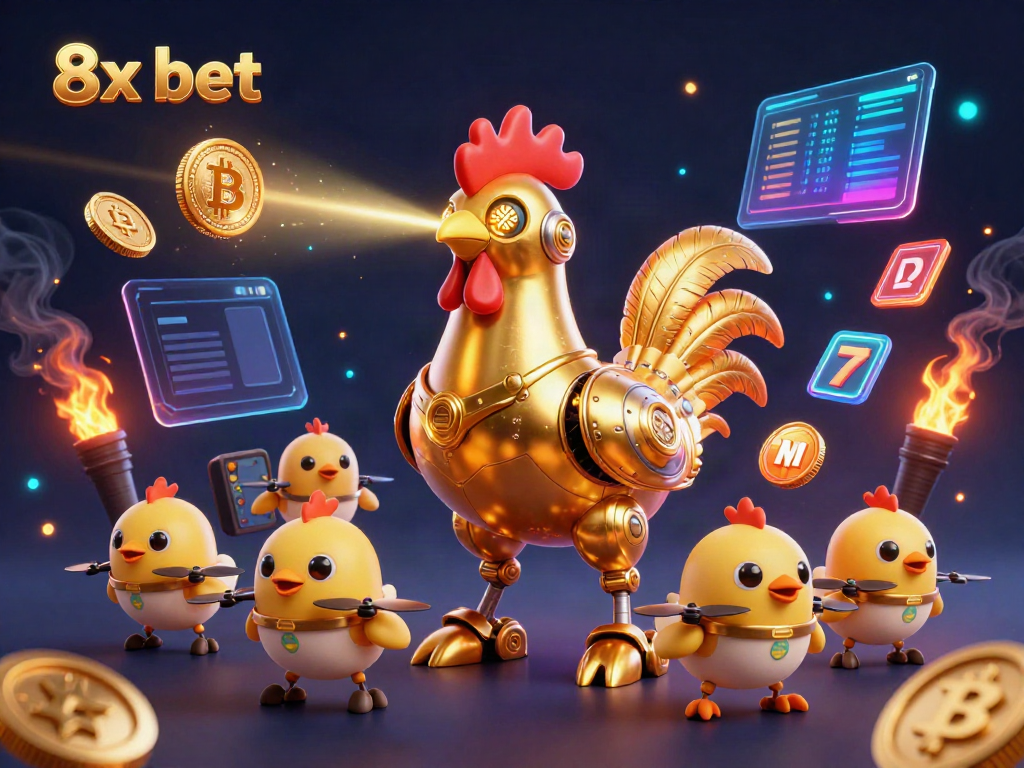 Engage in thrilling gaming excitement with 8x bet's cartoon-inspired futuristic casino scene.