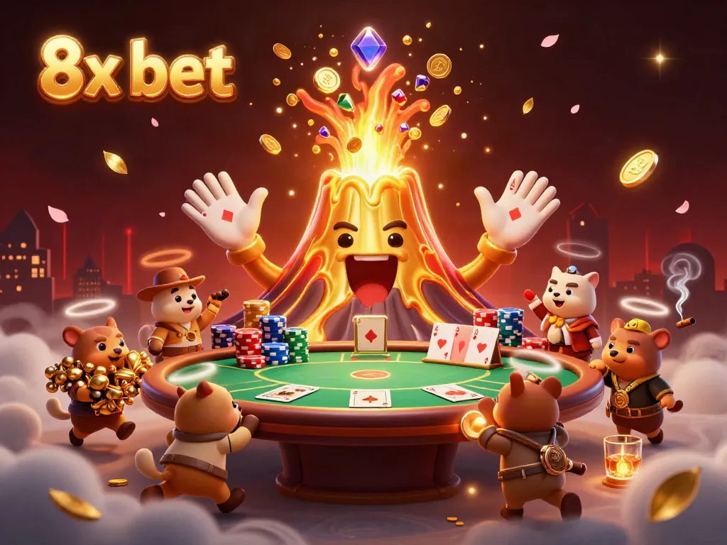 Witness the excitement of 8x bet as a golden volcano erupts coins and treasures in this vibrant casino scene.